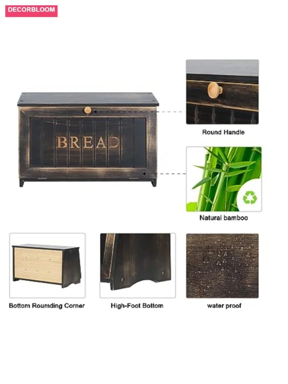 Vintage Wood Bread Box for Kitchen Counter Retro Storage Bin Bamboo Farmhouse
